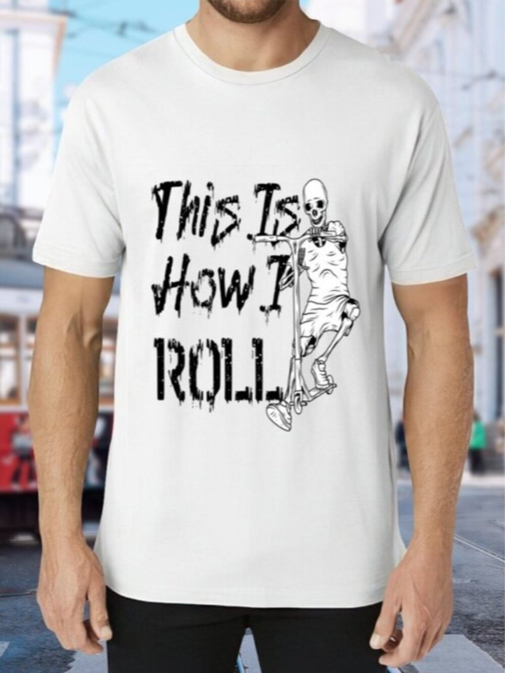 White Graphic Tee "This Is How I Roll" Skeleton Scooter
